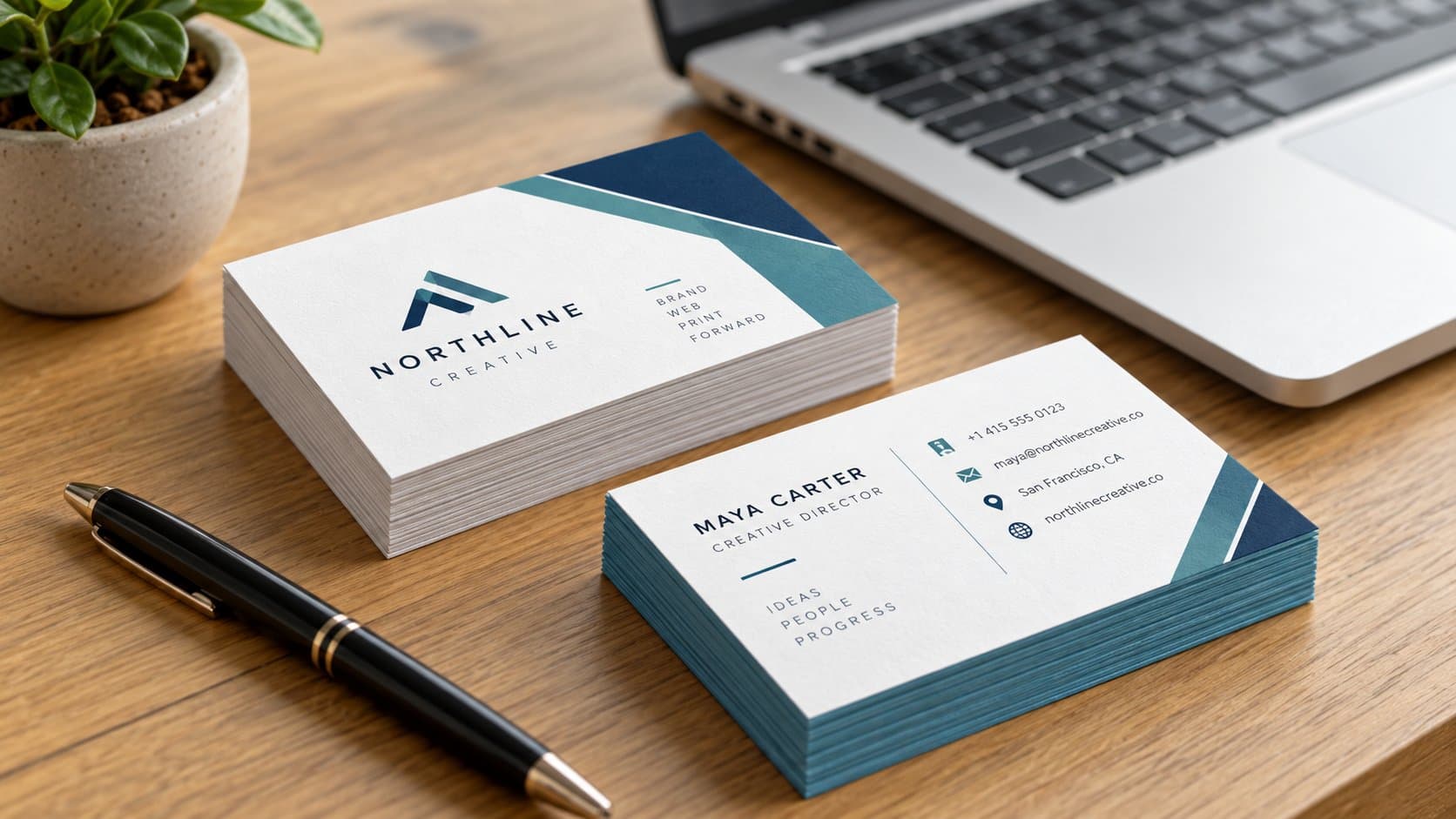 Stacks of printed business cards on a desk